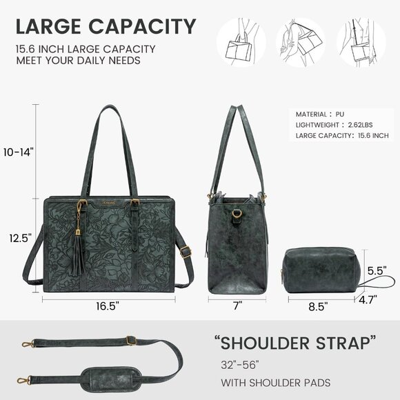 Laptop Bag for Women Vintage Leather Laptop Tote 15.6 inch Large Capacity Comput - Picture 5 of 6